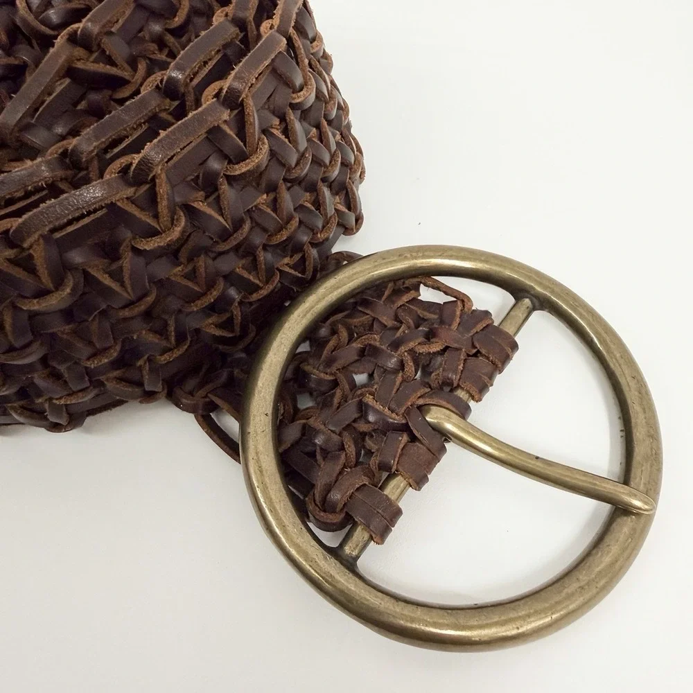 Wide Woven Leather Belt With Jumbo Round Solid Brass Buckle Brown Great Weave